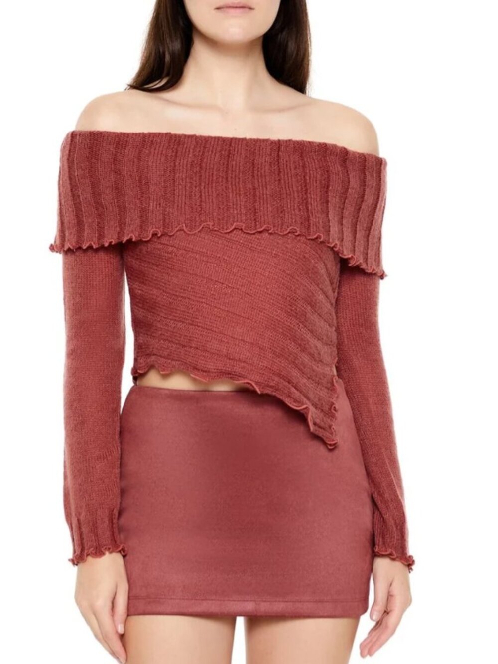 Forever 21 Rust Off Shoulder Wool Blend Sweater Asymmetrical Y2K Boho Fall